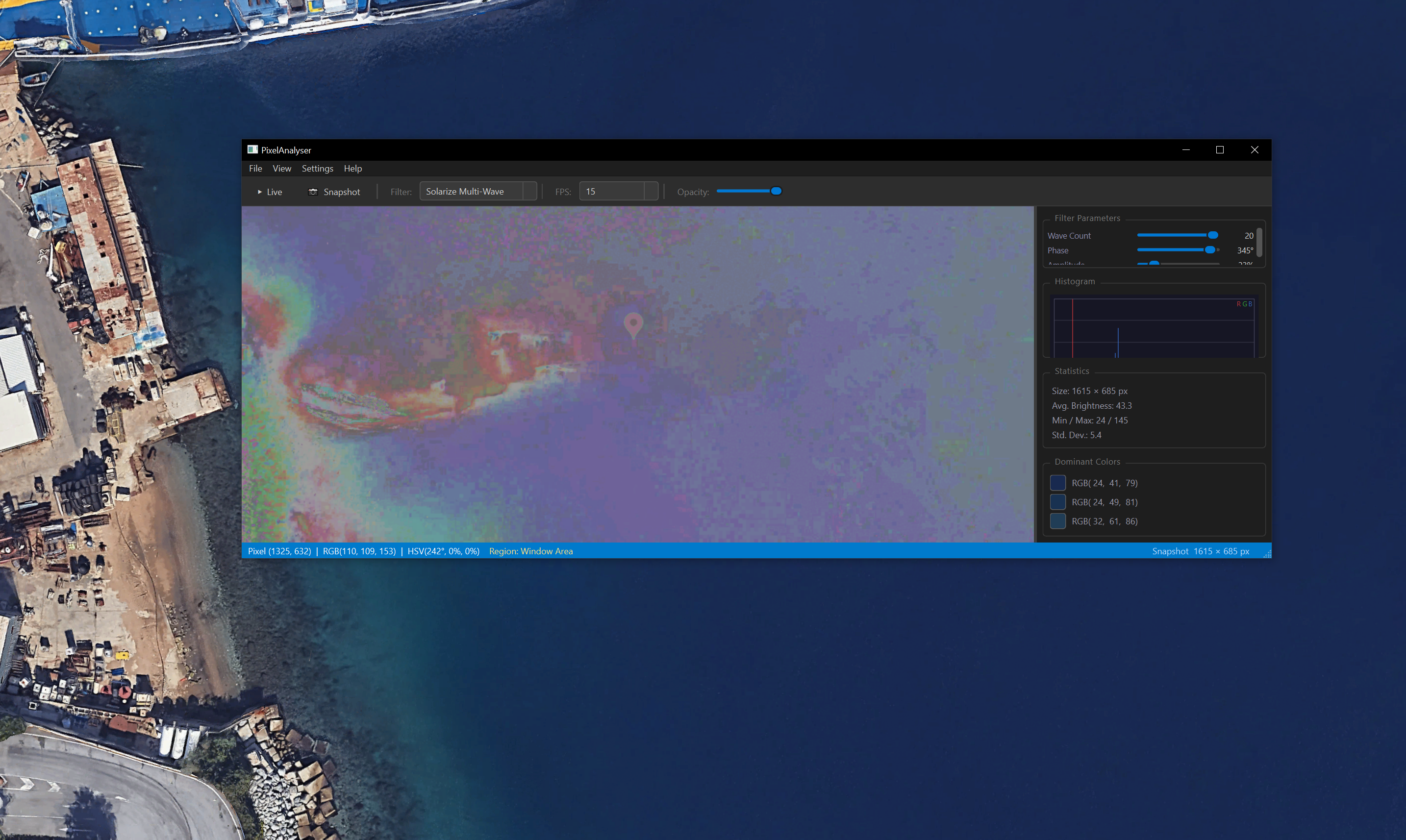 PixelAnalyser - Satellite image analysis of a shipwreck using overlay mode on Google Maps